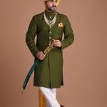 Battle Green Color Maharaja Style Achkan | Regal Ethnic Wear | Jaipurio